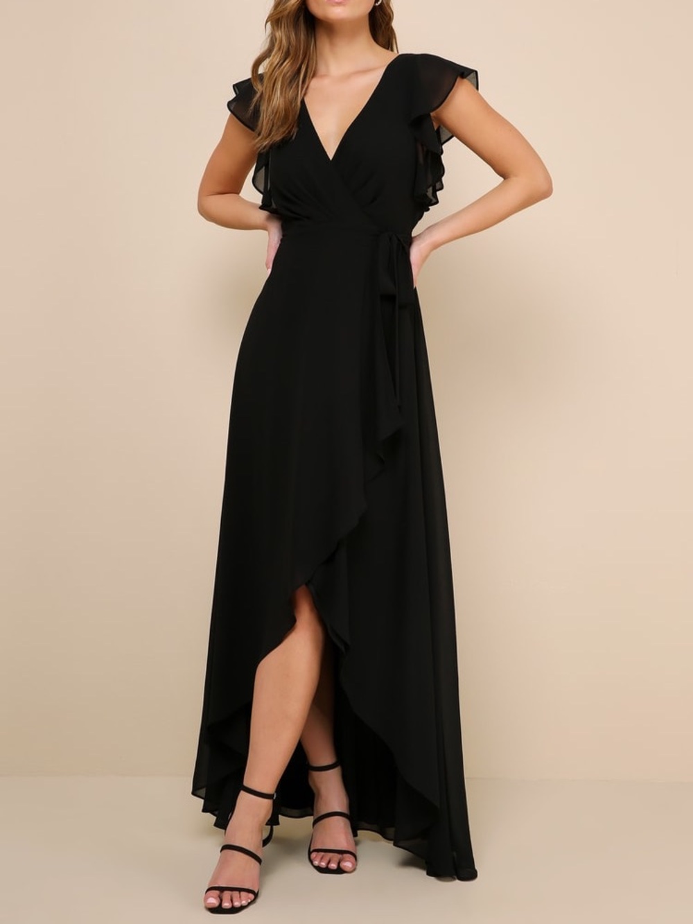 Lulus Ravishing Charm Black Ruffled Wrap High-Low Maxi Dress Size M NWT